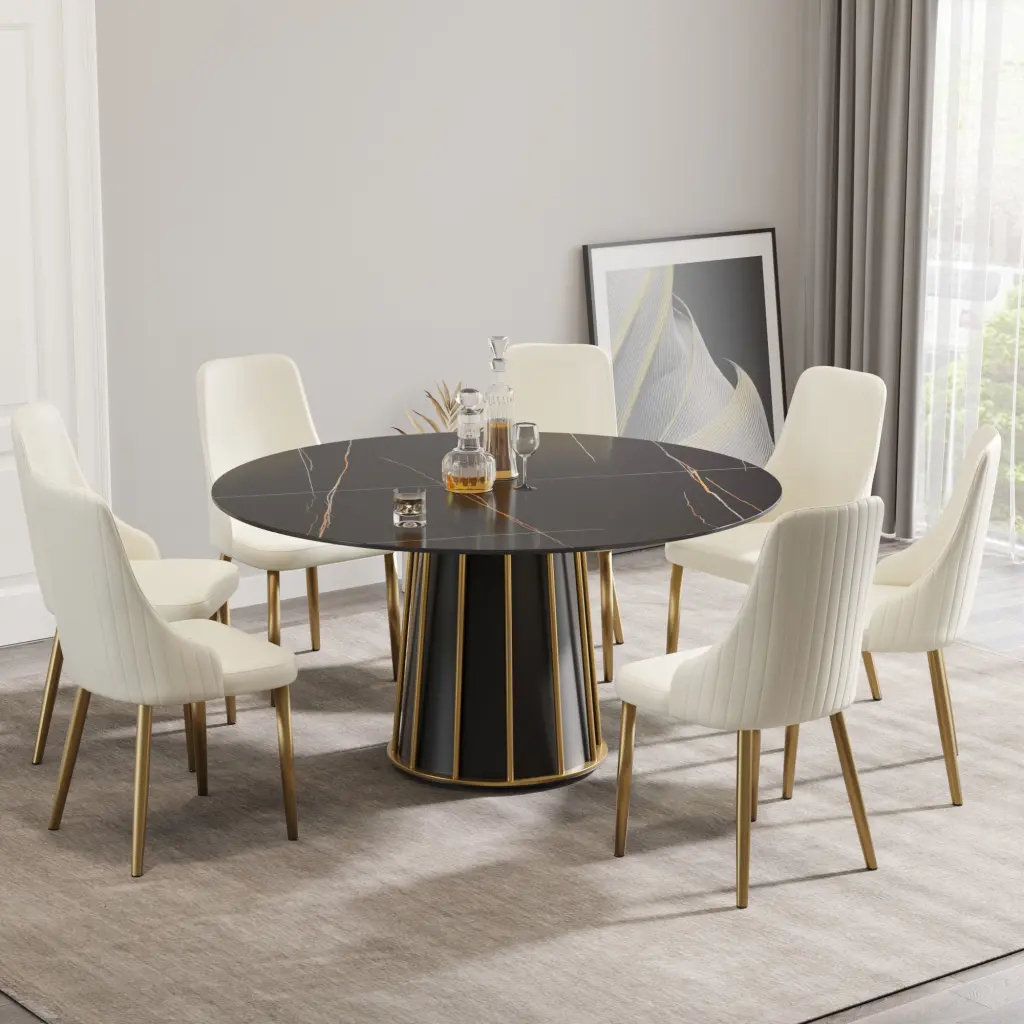 59.05 Inch Modern Artificial Stone Round Black Metal Iron Base Dining Table atunus