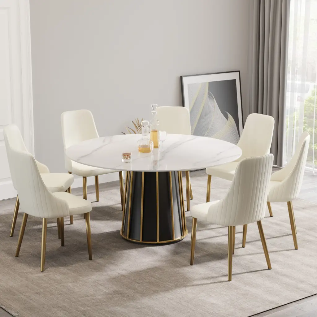 59.05 Inch Modern Artificial Stone Round White Panel Metal Iron Base Dining Table atunus