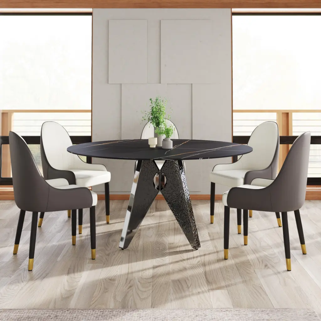 59.05 Inch Round Marble Dining Table Silver Stainless Steel Base atunus