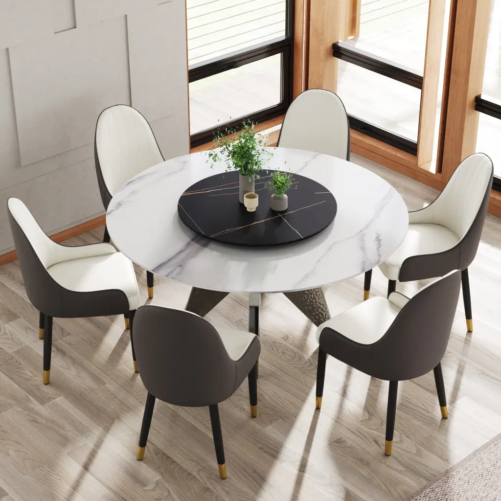 59.05 Inch Round Marble Dining Table Silver Stainless Steel Base atunus