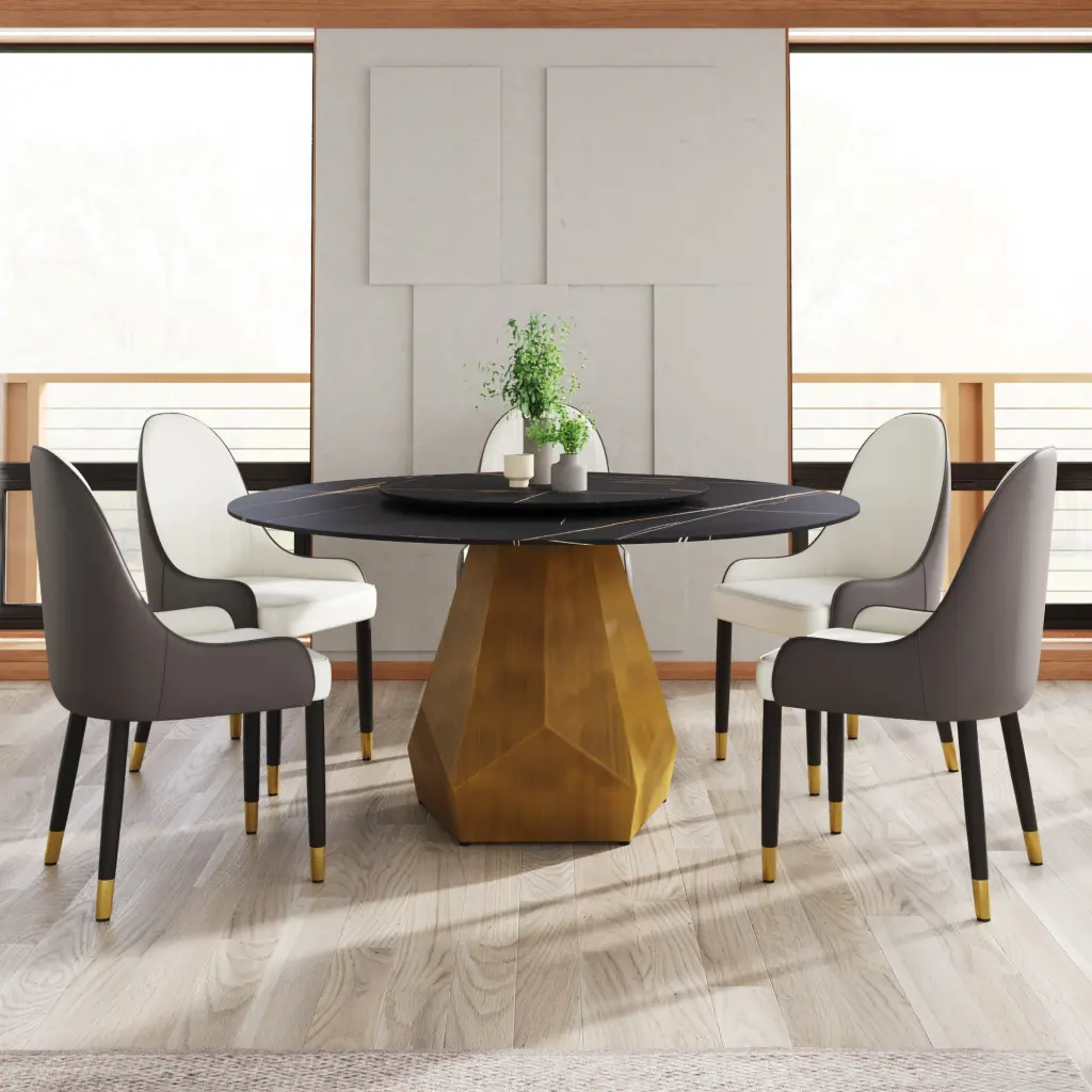 59.05 Inch Round Stone Dining Table Metallic Base Artificial Stone atunus
