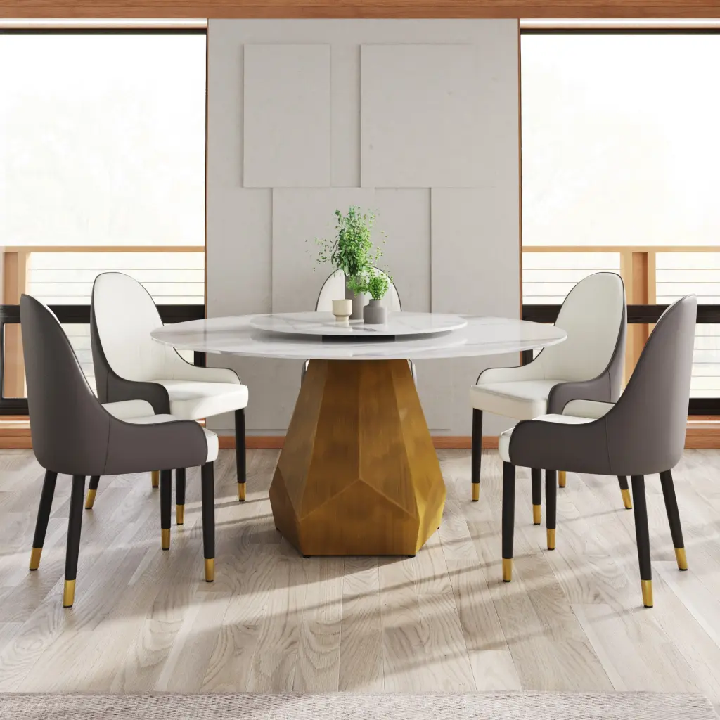 59.05 Inch Round Stone Dining Table Metallic Base Artificial Stone atunus