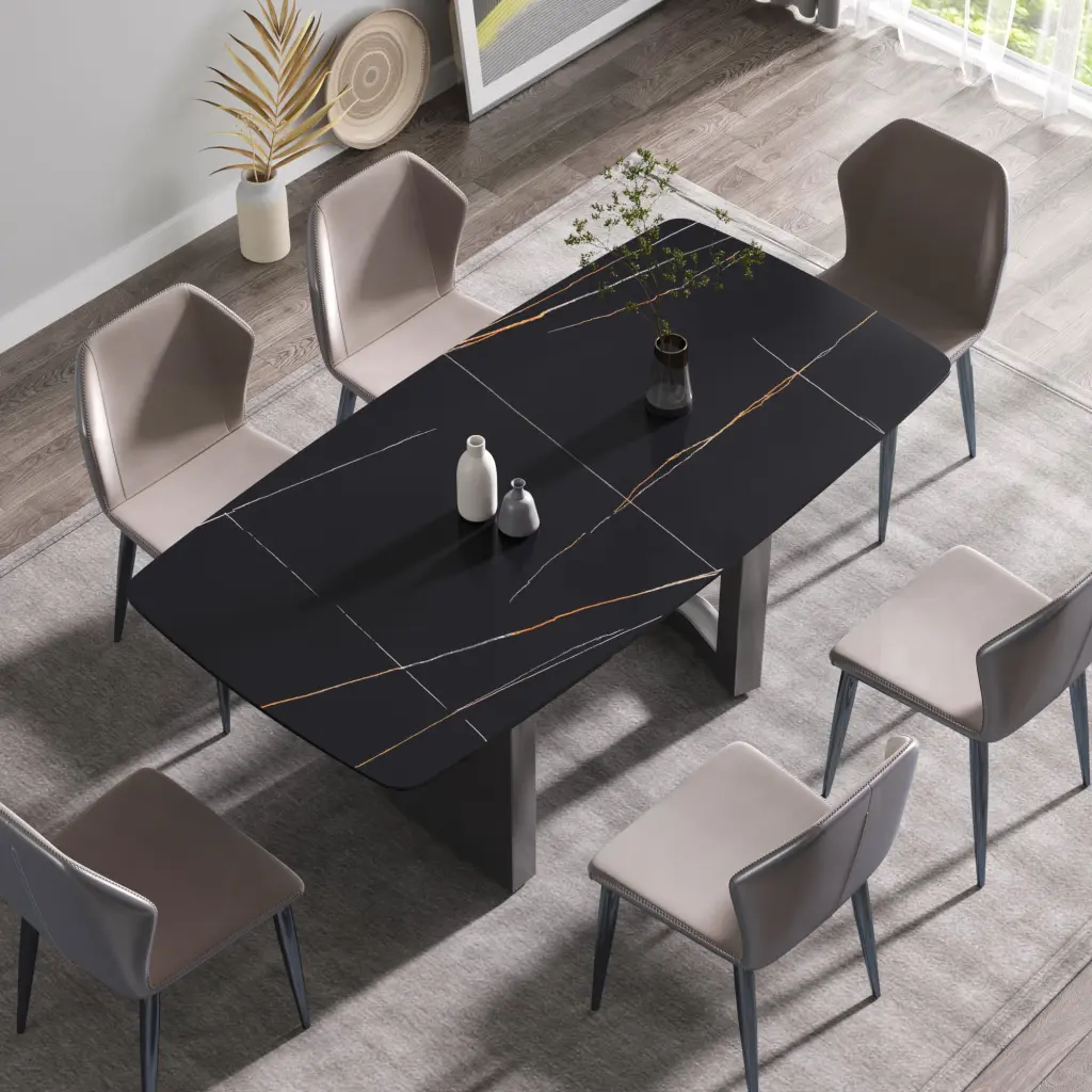 70.87 Inch Modern Black Curved Dining Table Artificial Marble Top and Metallic Legs atunus