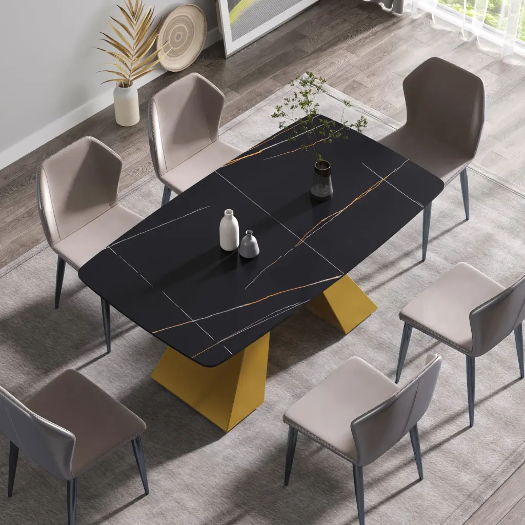 63 Inch Modern Artificial Marble Black Curved Dining Table Metallic Legs atunus