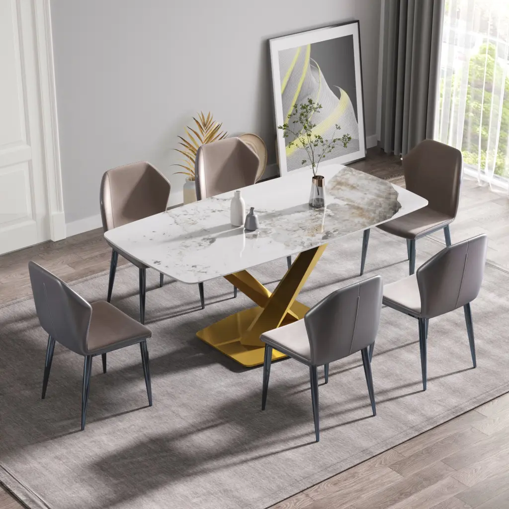 63 Inch Modern Artificial Marble Pandora White Curved Dining Table Metal Legs atunus