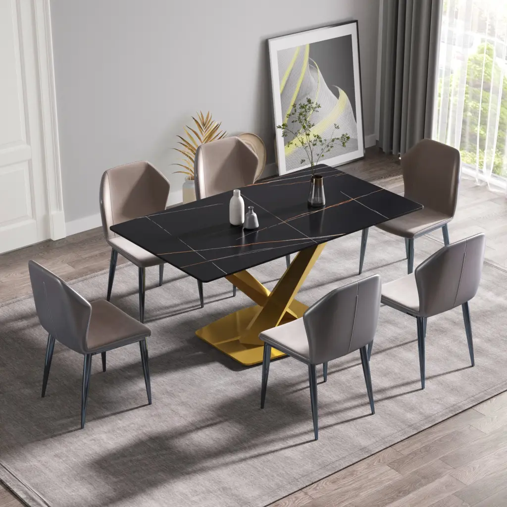 63 Inch Modern Artificial Stone Black Dining Table Golden X Leg atunus