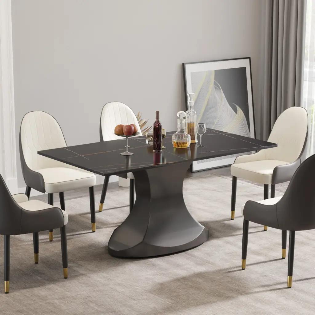 63 Inch Modern Artificial Stone Black Panel Gray Stainless Steel Curved Leg Table atunus