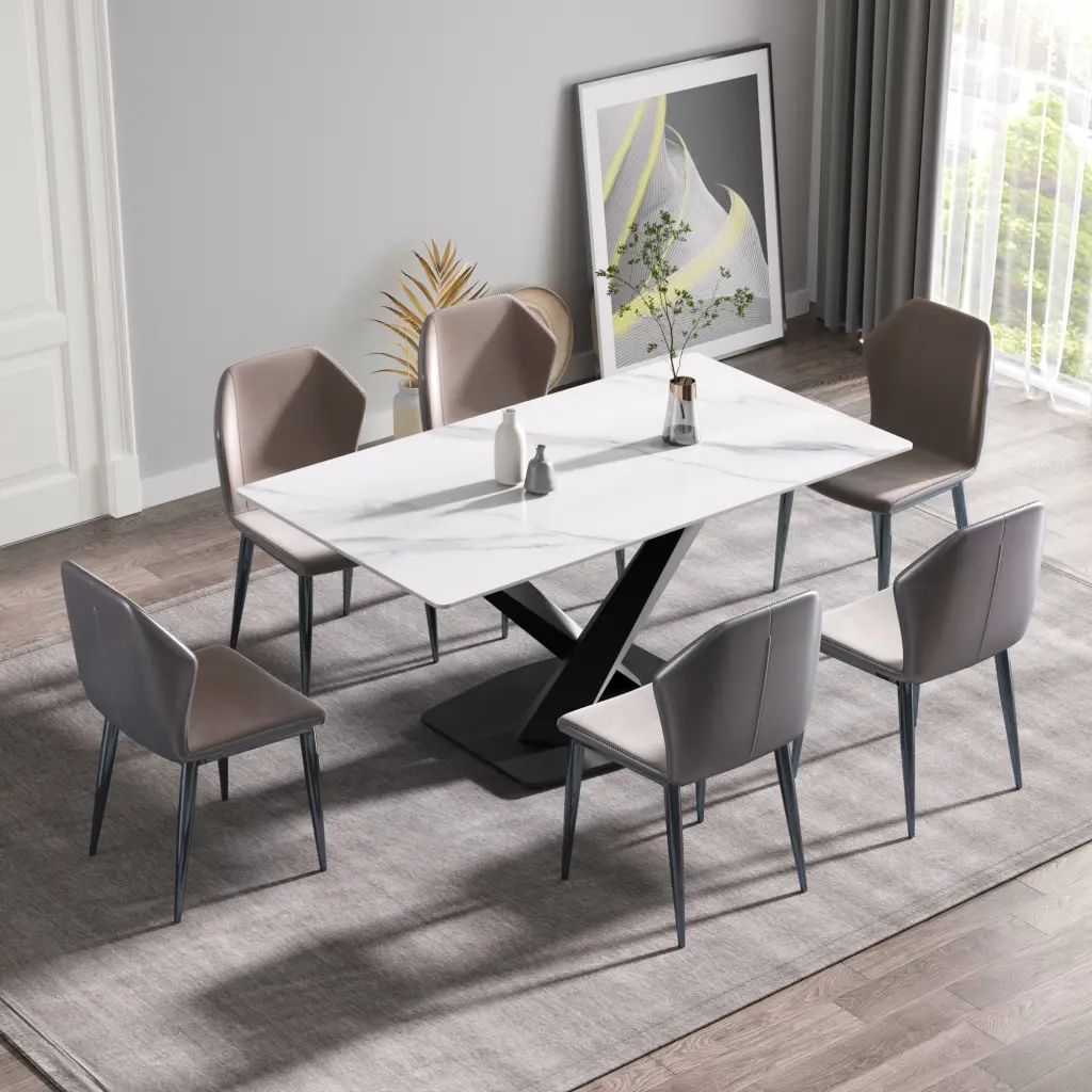 63 Inch Modern Artificial Stone White Table Black Metal X Leg atunus