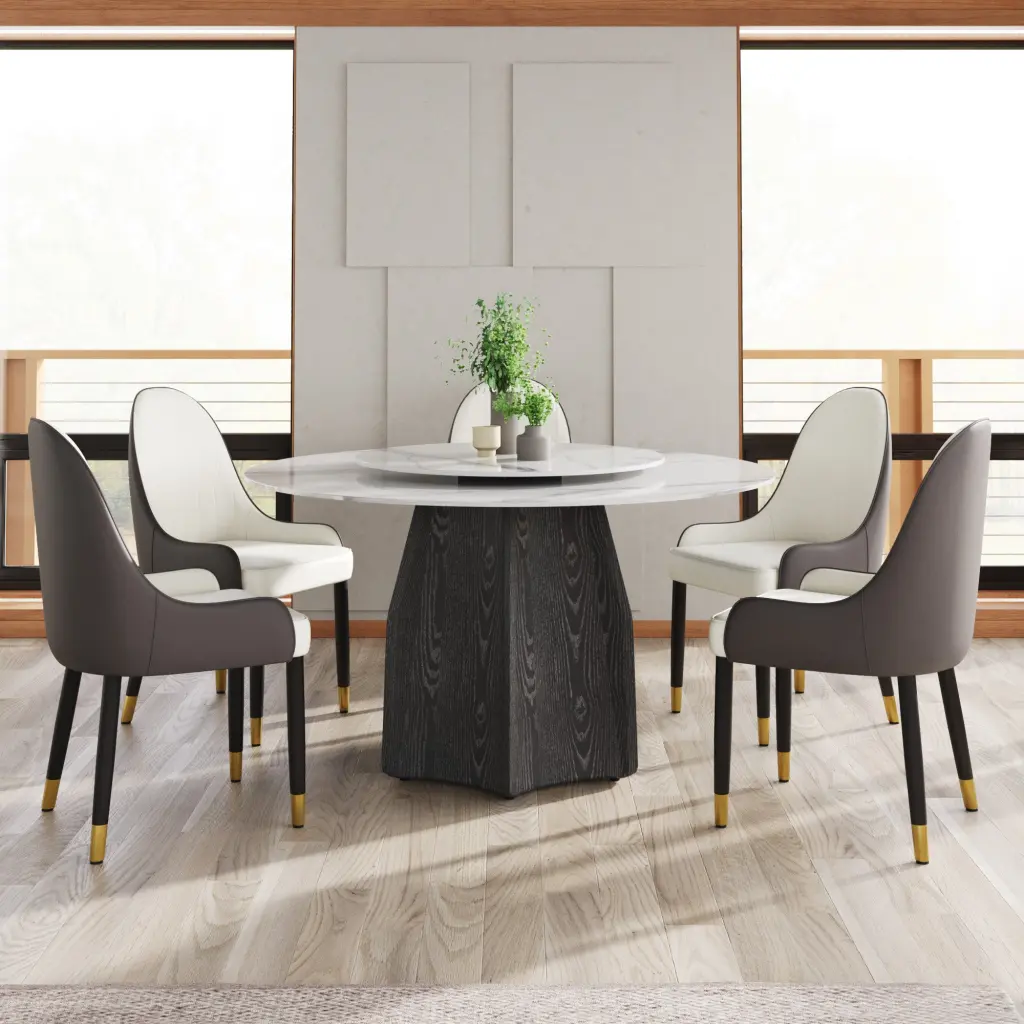 53 Inch Round Marble Dining Table Black Textured Wood Base atunus