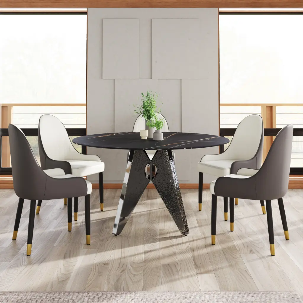 53 Inch Round Marble Dining Table Silver Stainless Steel Base atunus
