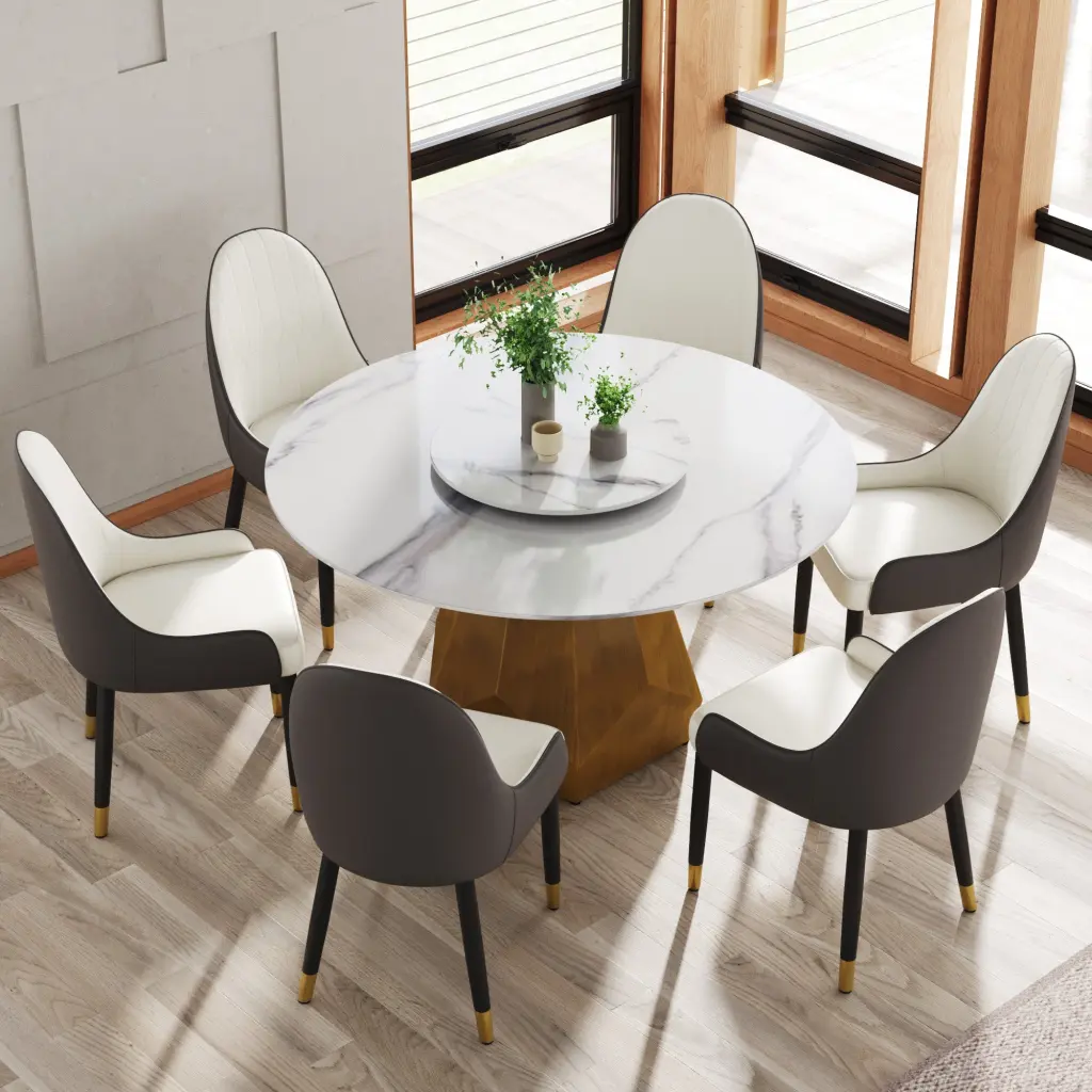 53 Inch Round Stone Dining Table Metallic Base Seats 6 atunus