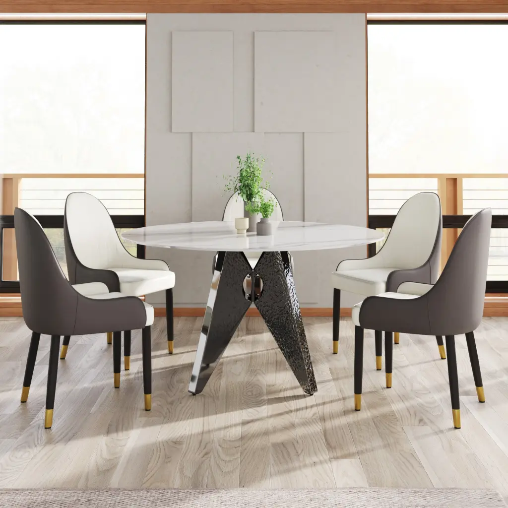 53 Inch Round Stone Dining Table Stainless Alloy Metal Base atunus
