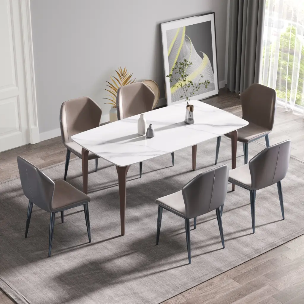 63 Inches Modern Artificial Marble White Curved Metallic Leg Dining Table 6 People atunus