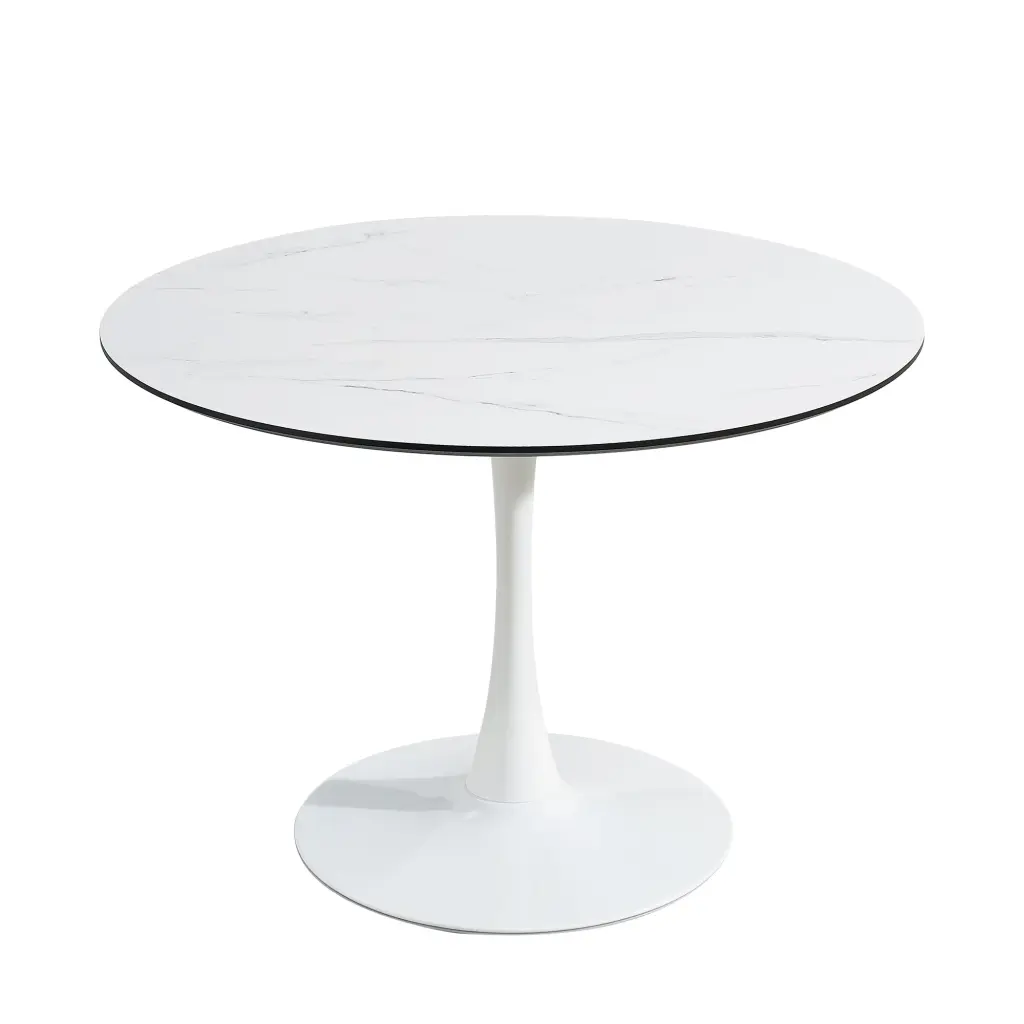 Tulip Dining Table 32 Inch Round White Marble Black Base d-n furniture