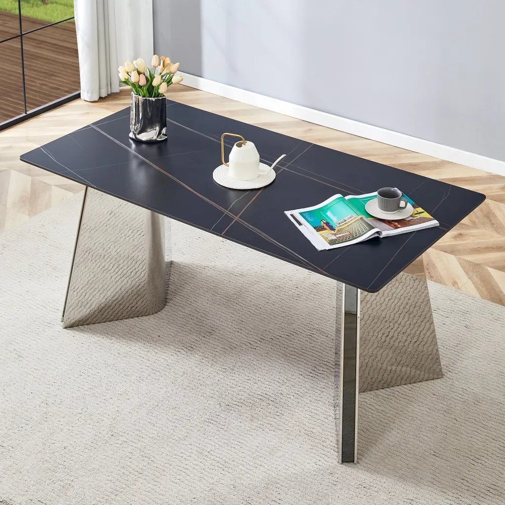63x31.5x30 Inch Black Marble Patterned Slab Dining Table Stainless Steel Base droom w-1151