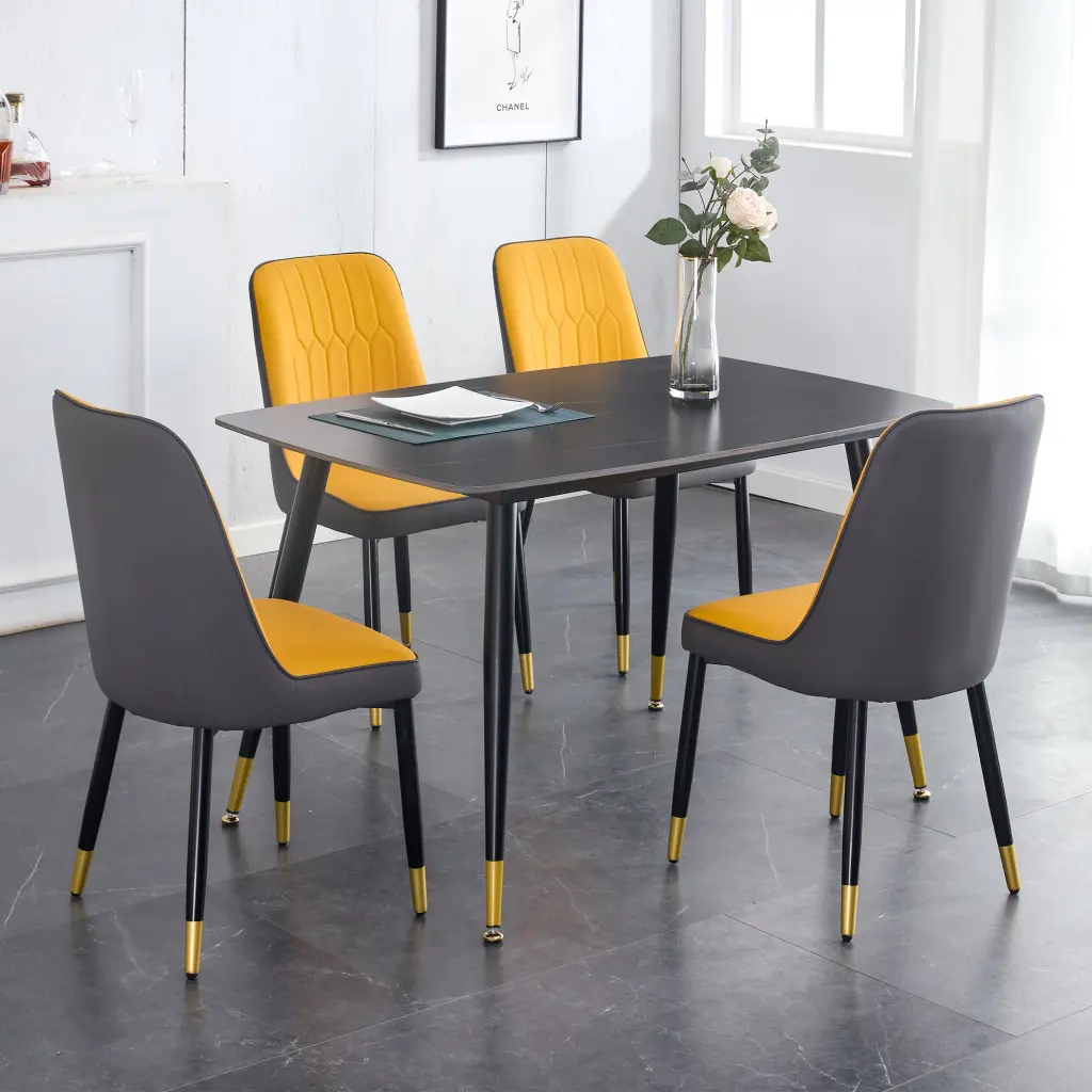 Black Sintered Stone Table and Chair Set - Modern E-reader Stand Black Metal Legs droom w-1151
