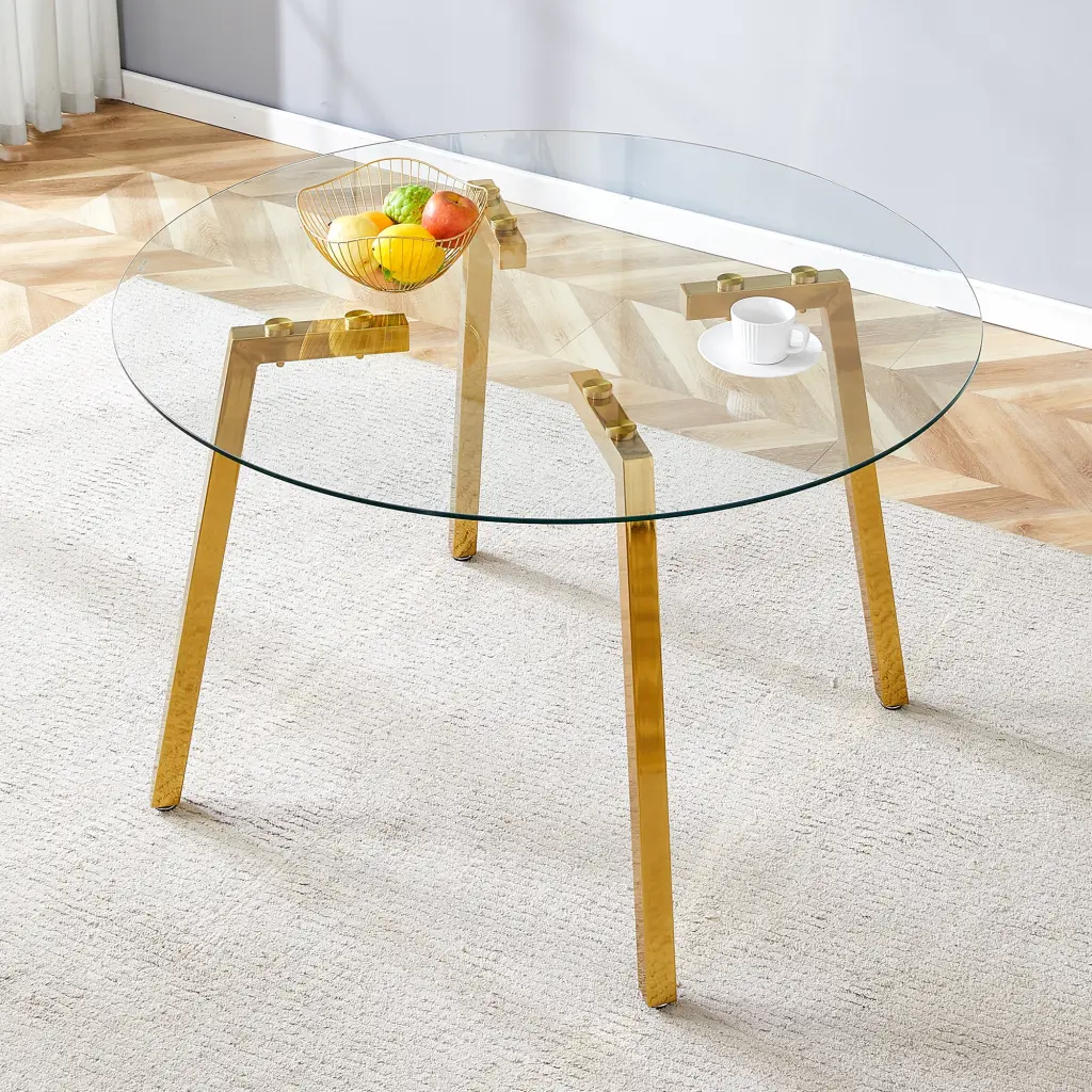 Modern Luxurious Round Tempered Glass Dining Table Metal Base 7 Seater droom w-1151