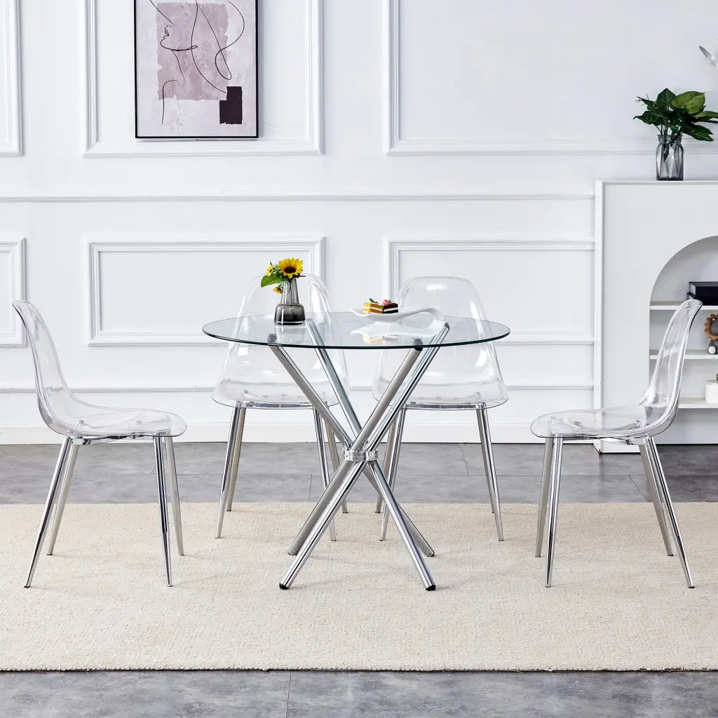 Round Clear Glass Dining Table 36.6 Inches Unique Design droom w-1151