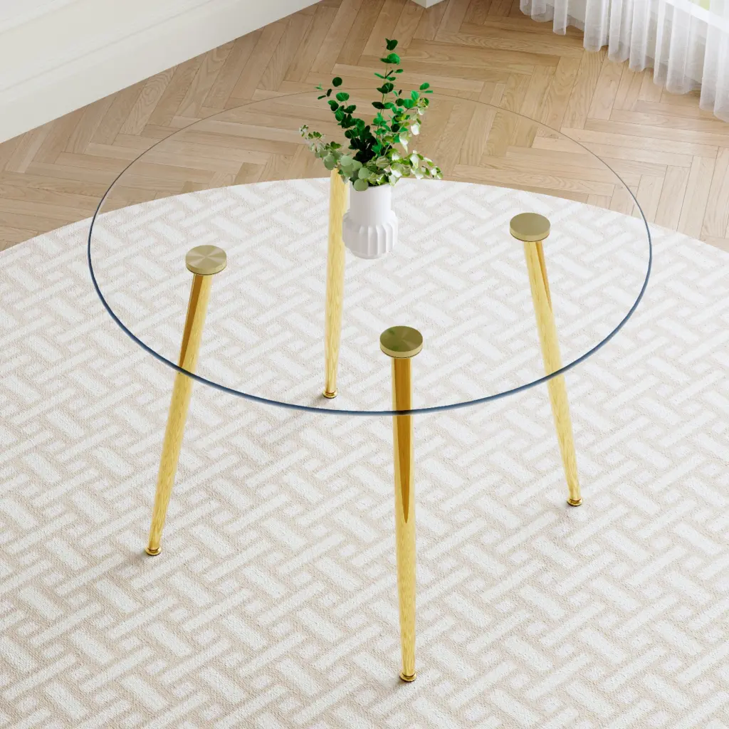 Round Dining Table Crystal Top and Gilded Metallic Legs droom w-1151