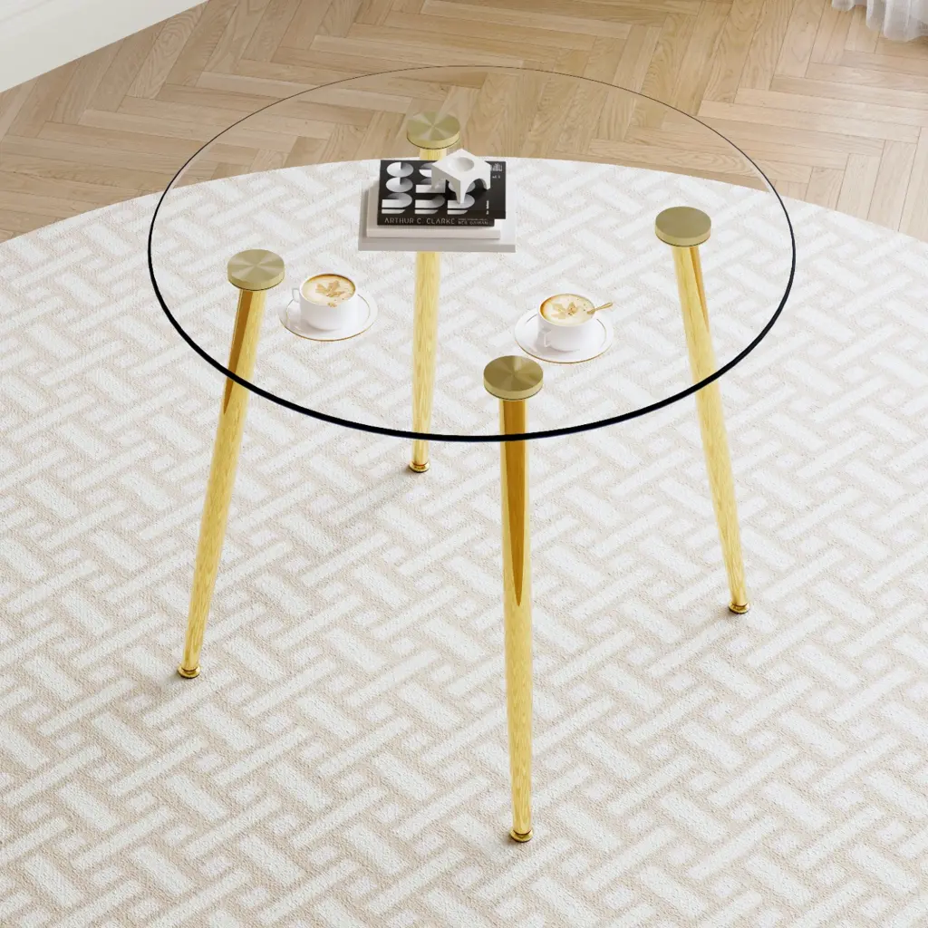 Round Dining Table Glass Top and Gilded Metal Legs droom w-1151