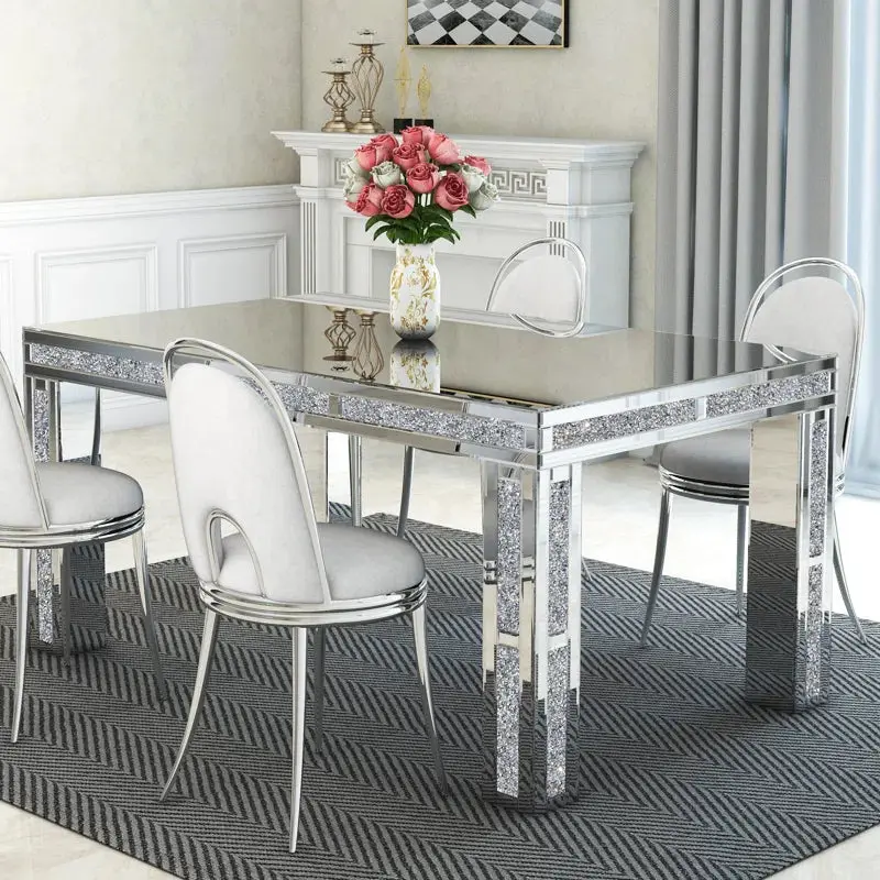 51.18 Inch Mirrored Glass Dining Table Crushed Diamond Inlay and 4 Legs glam furniture
