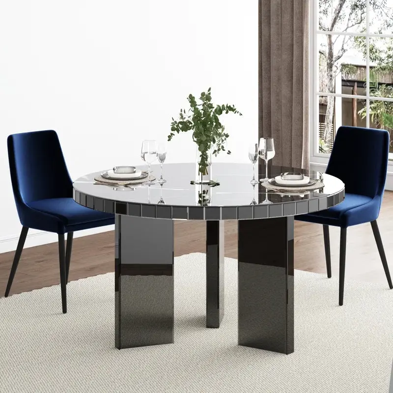 48 Inch Round Faux Marble Mirrored Dining Table Black Mirrored Finish glam furniture
