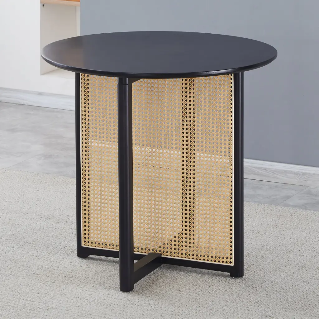 Black Solid Timber Round Table Rattan Workman Seats haizhijia