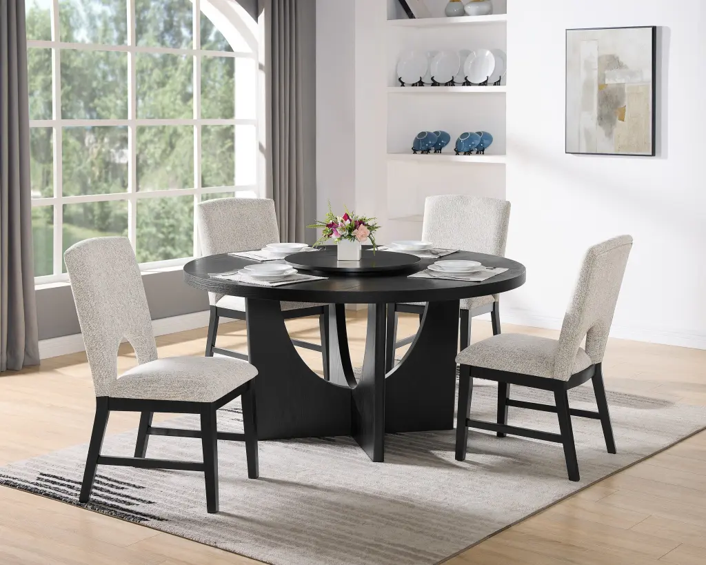 5Pc Modern Round Table Black Finish Lazy Susan Wooden Contemporary kanepe