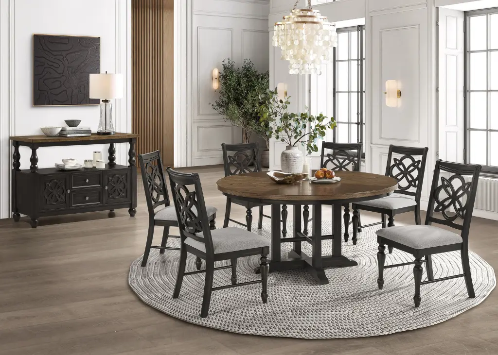 Brown Gray Finish Round Table Top Upholstered Seats Chair Wooden Dining kanepe