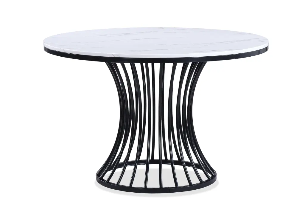 Unique White Faux Stone Round Table Cage Like Base Dining Timber Table kanepe