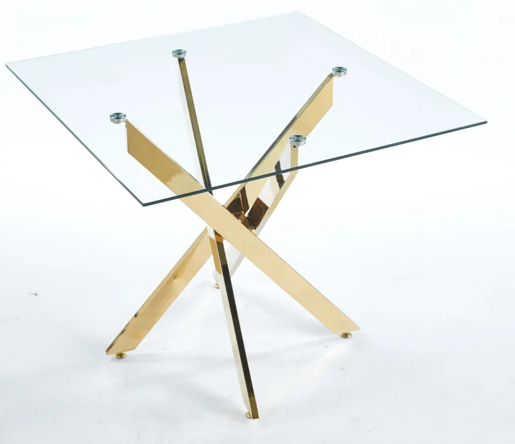 Modern Dining Table Cross Metallic Leg and Tempered Crystal Top rnb