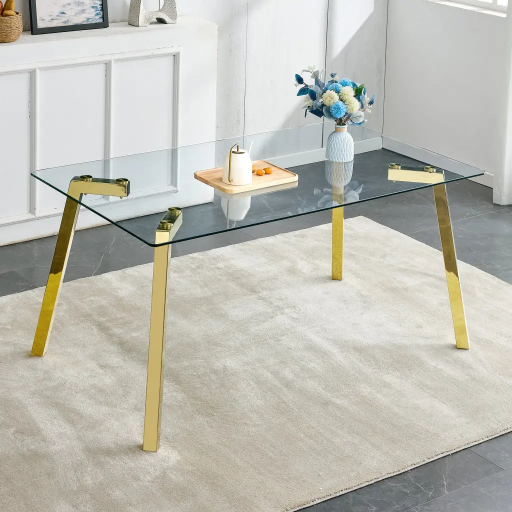 Modern Minimalist Rectangular Crystal Dining Table Tempered Glass Top rnb