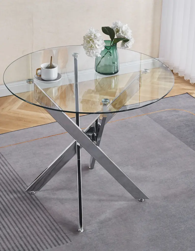 Modern Space Saving Dining Table Cross Metal Leg and Tempered Glass Top rnb