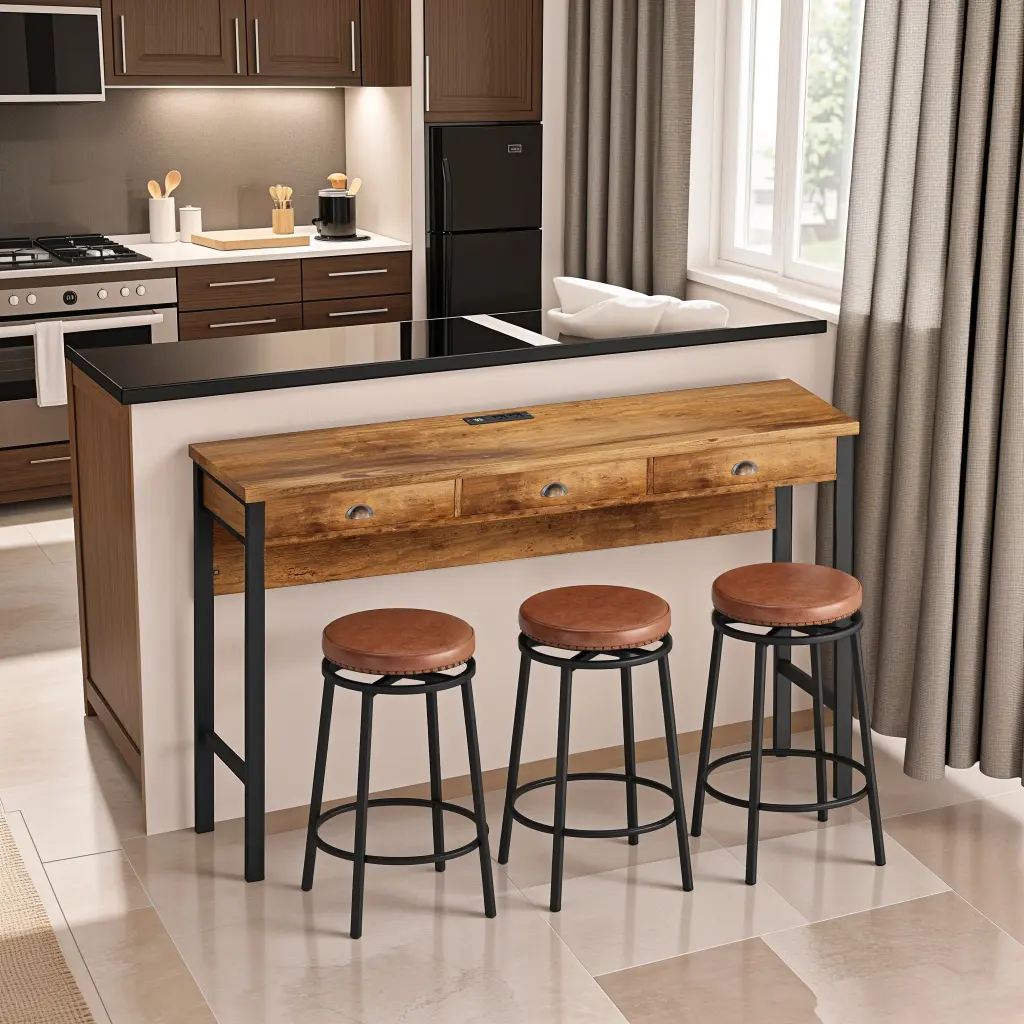 3 Drawer Long Dining Table Set Power Outlets Bar Kitchen Table Set spribung