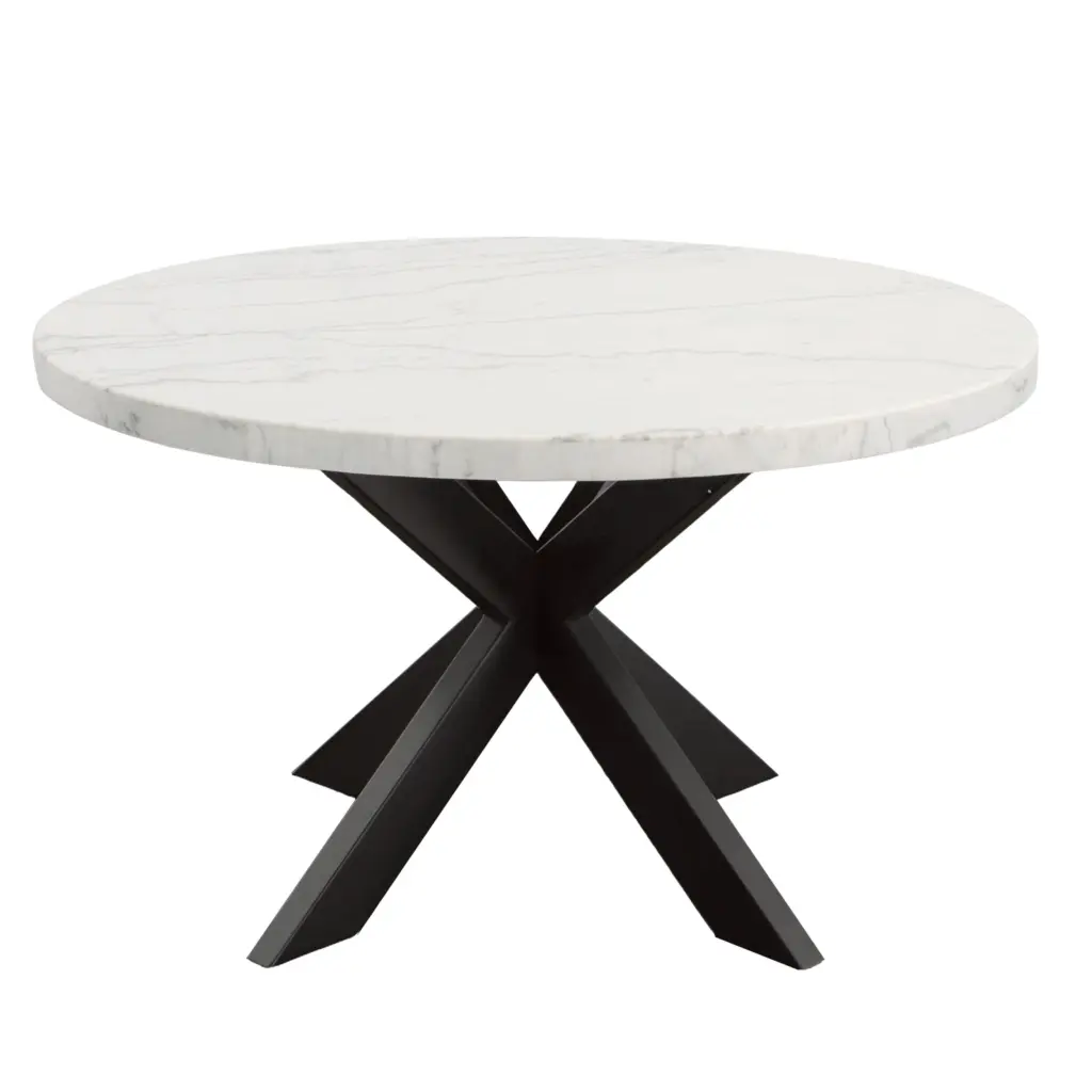 Xena White Stone Top Round Table Black Base Modern Dining Table steve silver furniture