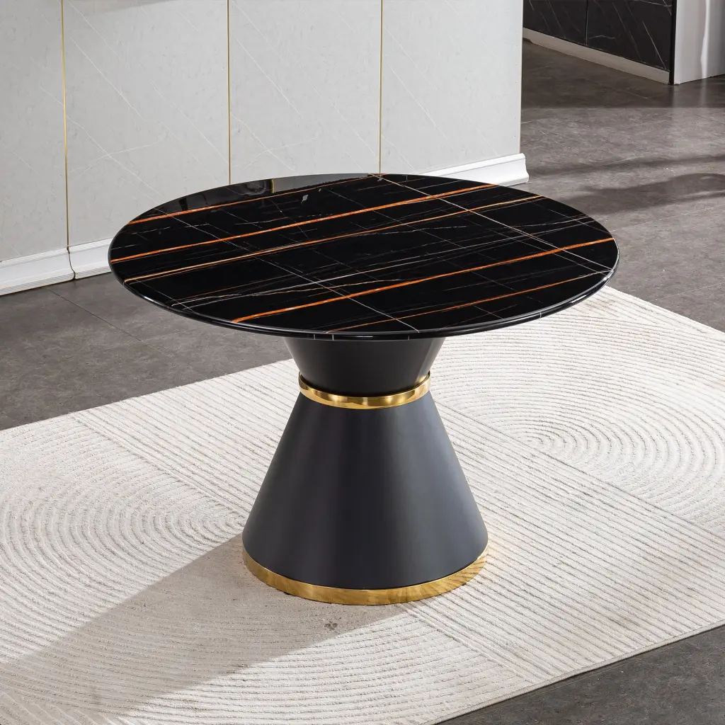 Black Marble Printed MDF Round Dining Table Columnar Base w1311 artisan furniture