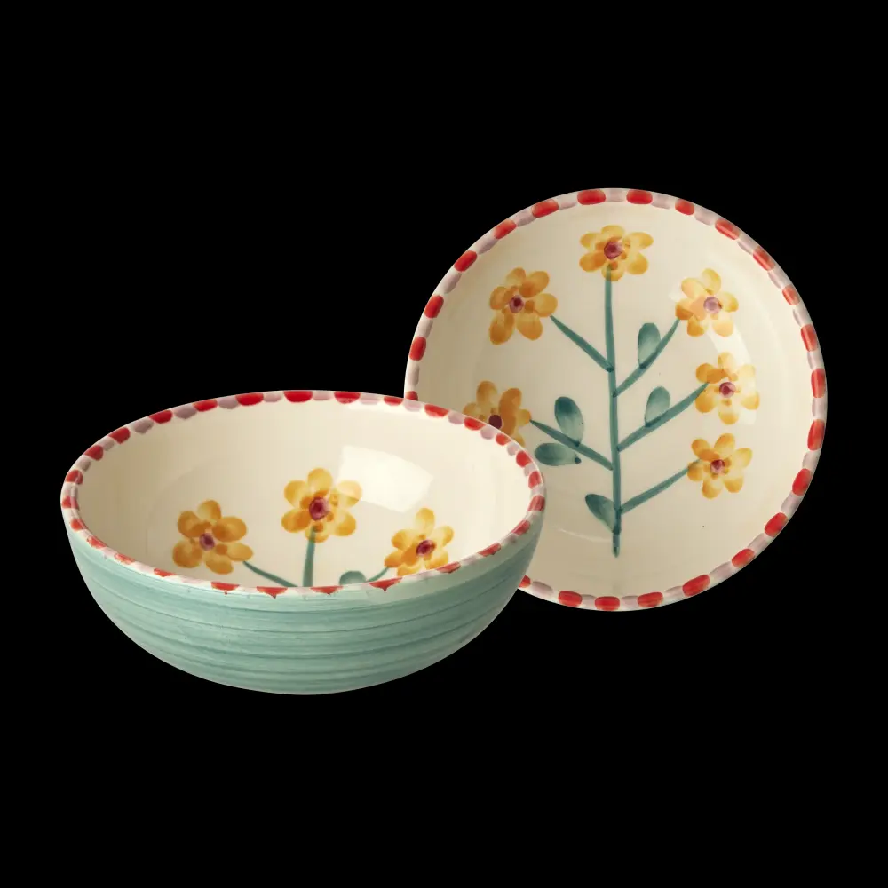 Ceramic Bowl Hand Painted Jade Yellow Flower - 11.8 oz