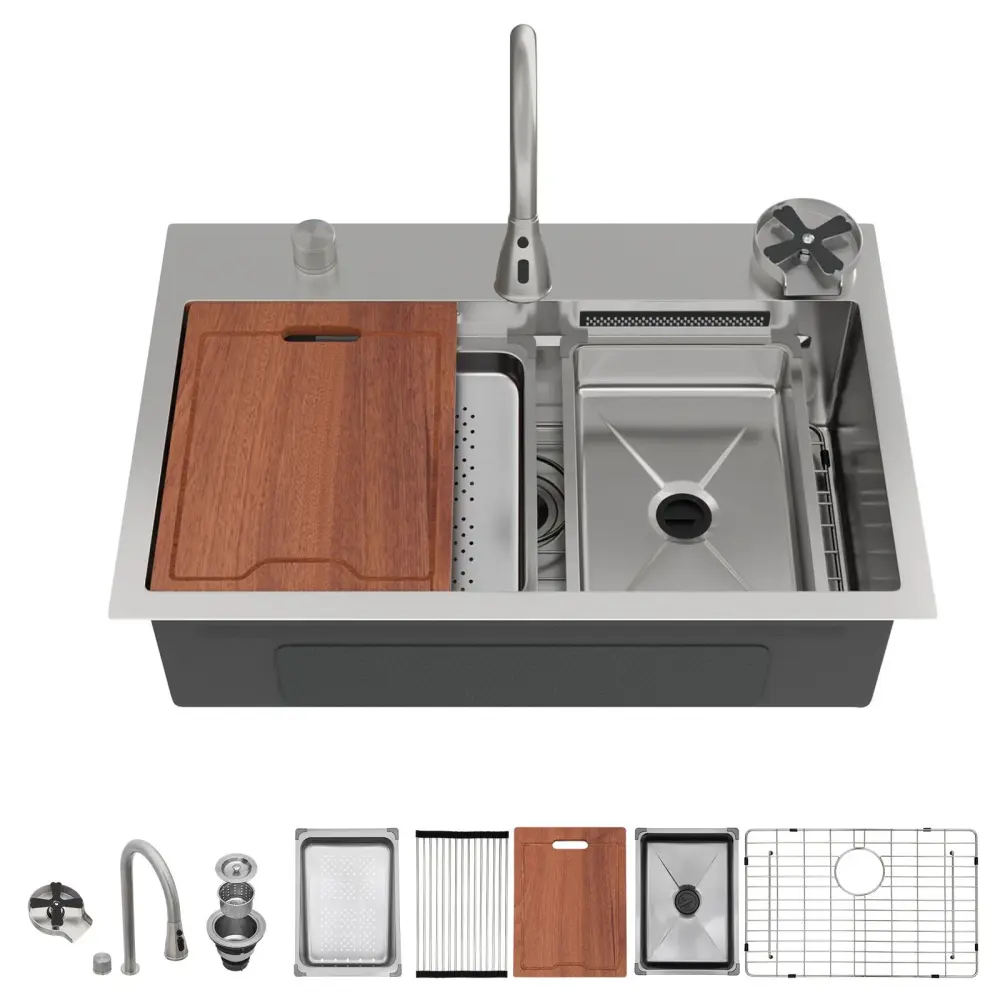 Drop Waterfall Kitchen Sink Pull Out Faucet & Cup Washer