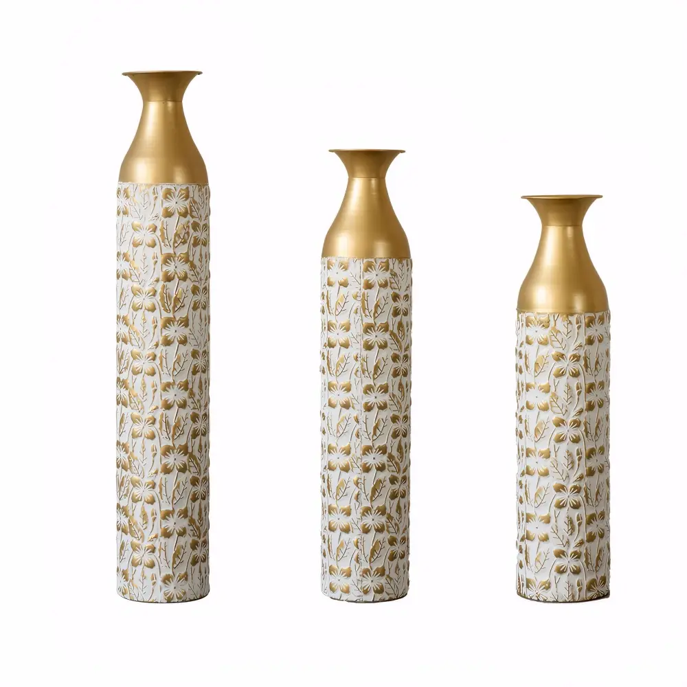 Mother's Day Gift Set Gilded White 3D Relief Flower Metal Vase Set - Alabaster / Gold