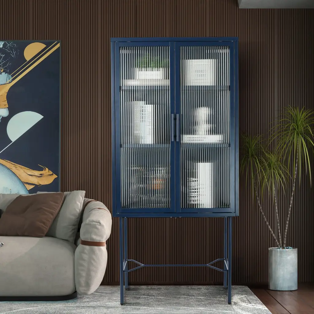 Elegant Floor Cabinet 2 Glass Doors Living Room Display and Storage golden walnut