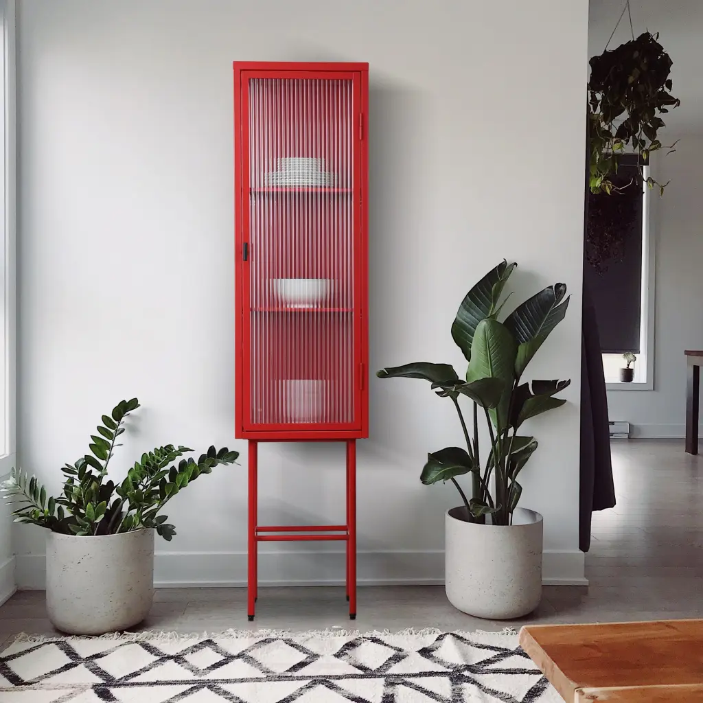 Retro Style Freestanding Metallic Tall Display Cupboard Crystal Doors golden walnut