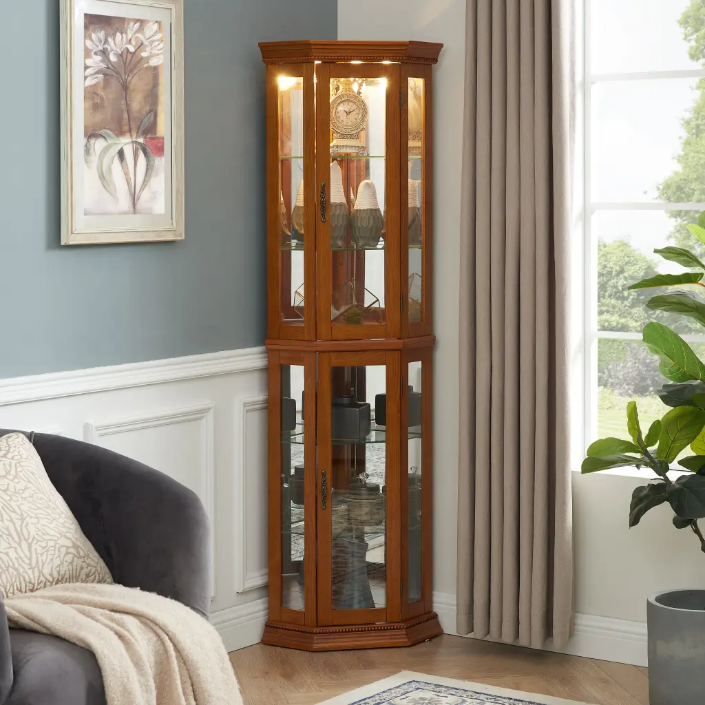 Corner Curio Cabinet Lights Customizable Tempered Crystal Shelves harmony