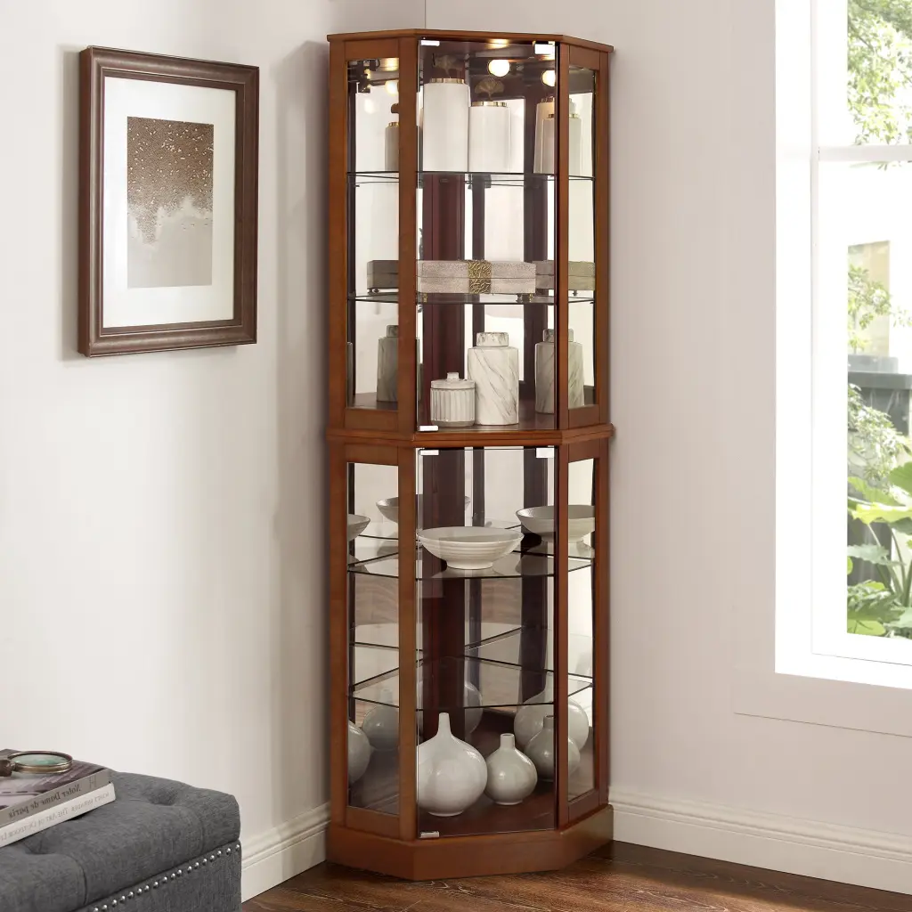 6 Shelf Corner Curio Cabinet Lights and Adjustable Mirrors harmony