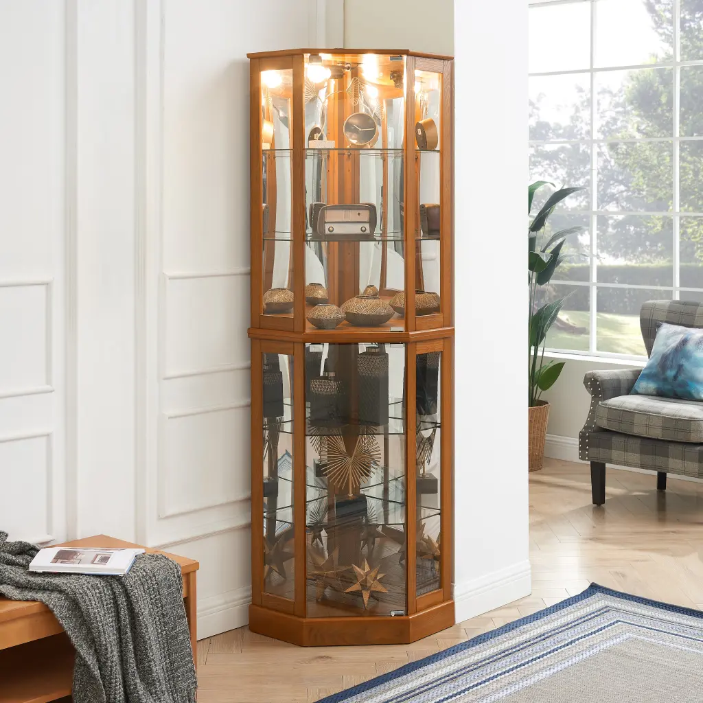 6 Shelf Corner Curio Display Cabinet Lights Mirrors And Adjustable Shelves harmony