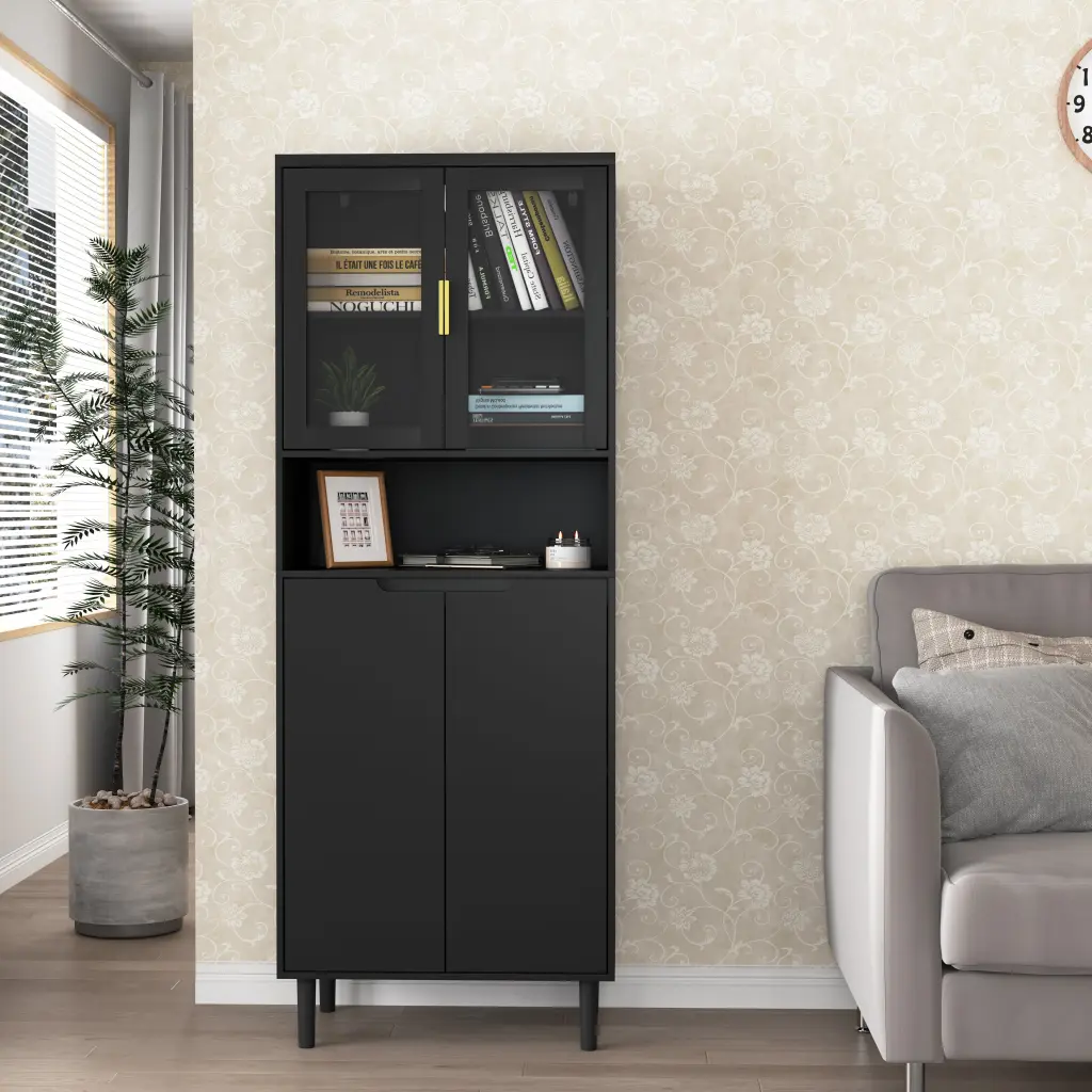 Tall Storage Show Cabinet 2 Glass Presentation Doors and 2 Doors Living Room newmark