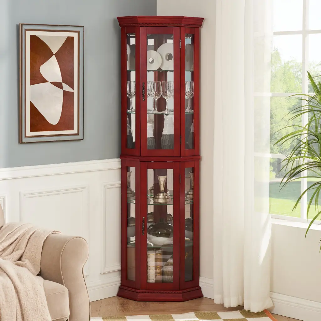 Corner Curio Cabinet Lighted Glass Display Shelf rnb