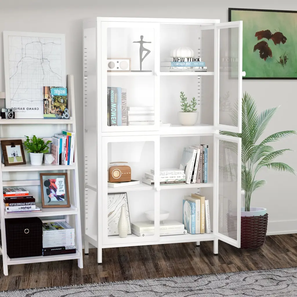 Four Glass Door Storage Cabinet Customizable Shelves And Adjustable Feet rnb