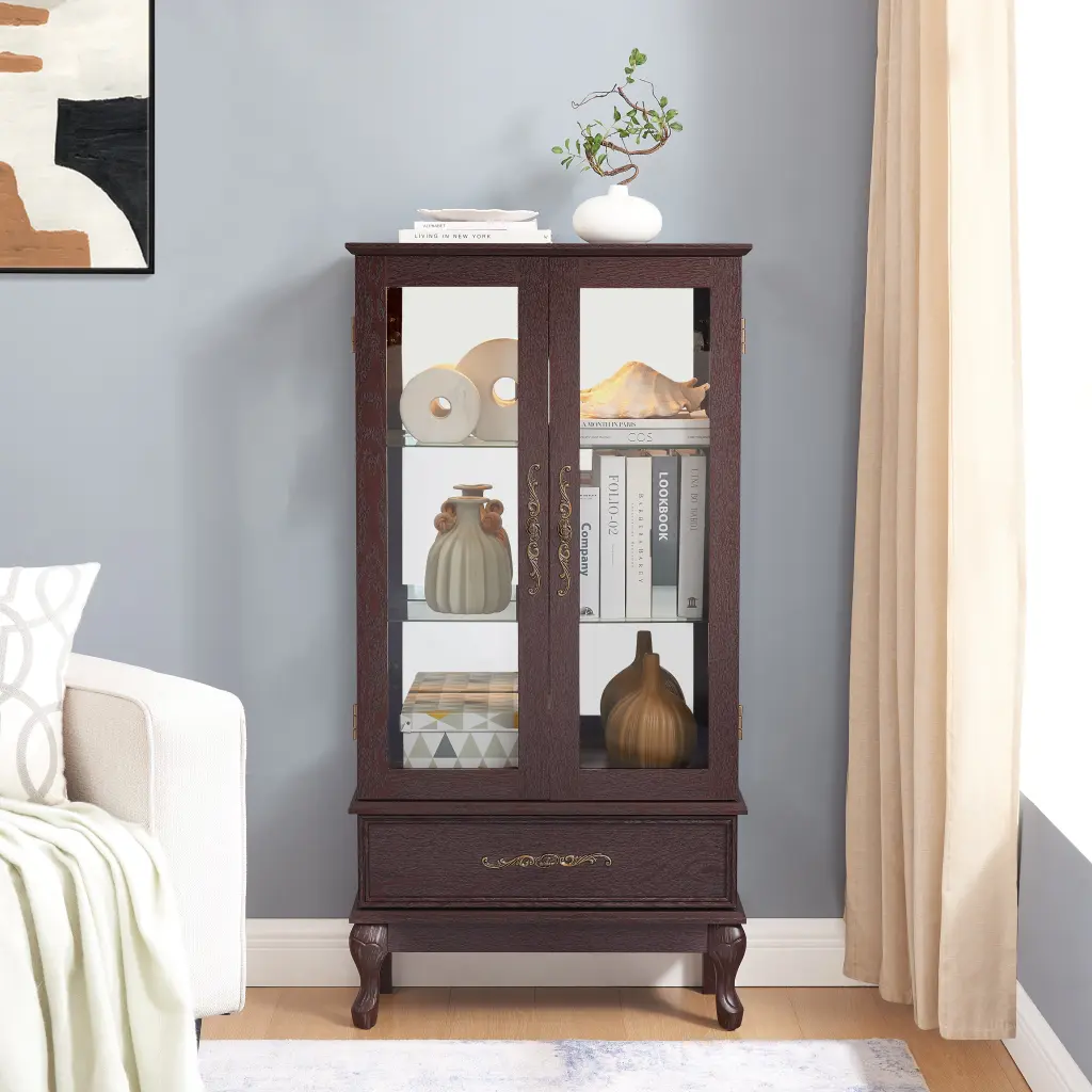 Curio Cabinet Lighted - Crystal Wine Cabinet Display Case Collectibles wande furniture