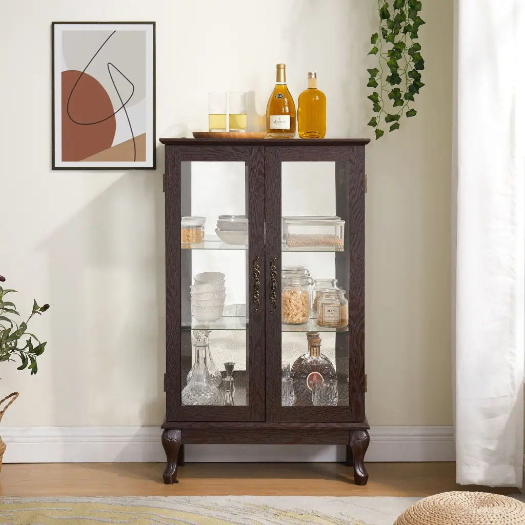 2 Doors Curio Cabinet Tempered Glass Doors Display Cabinet Collectibles wande furniture