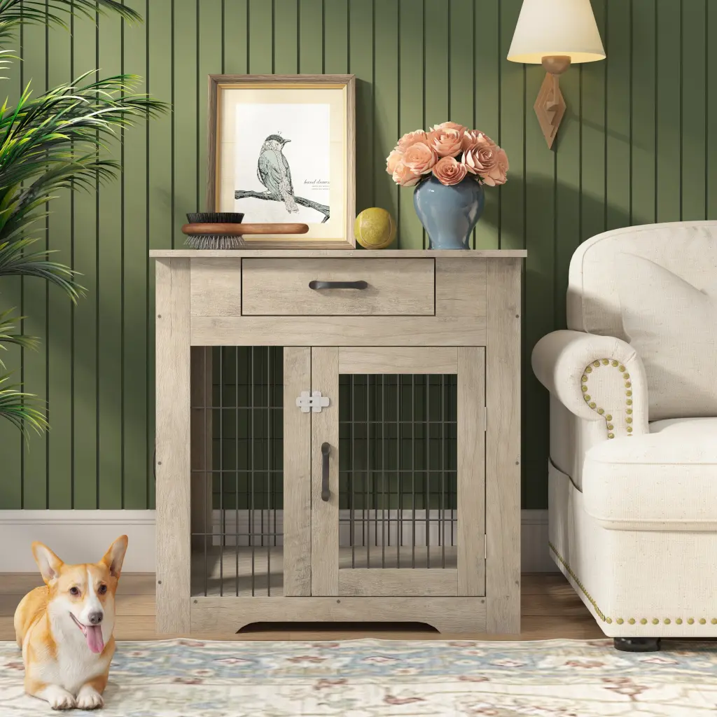 Home Decor Style Dog Crate End Table Drawer, Double Door Pet Kennel rnb